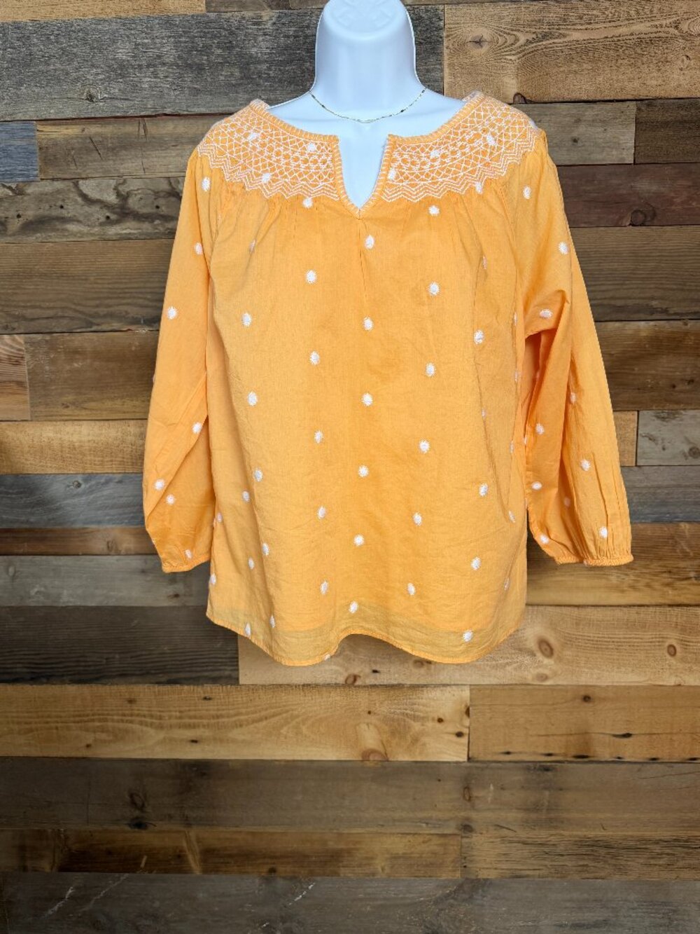 Talbots Petite Smocked Embroidered Blouse LP Marigold Orange V Neck